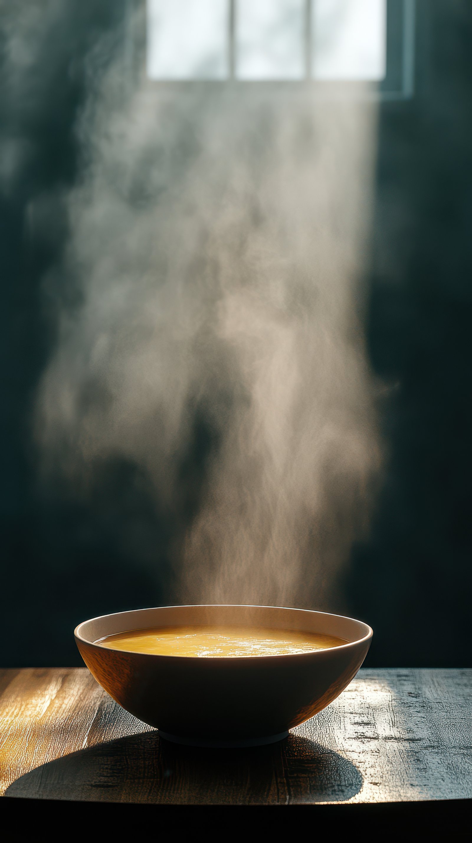 Warm steam rises from a bowl of soup on a wooden table in a cozy, dimly lit room during a winter afternoon